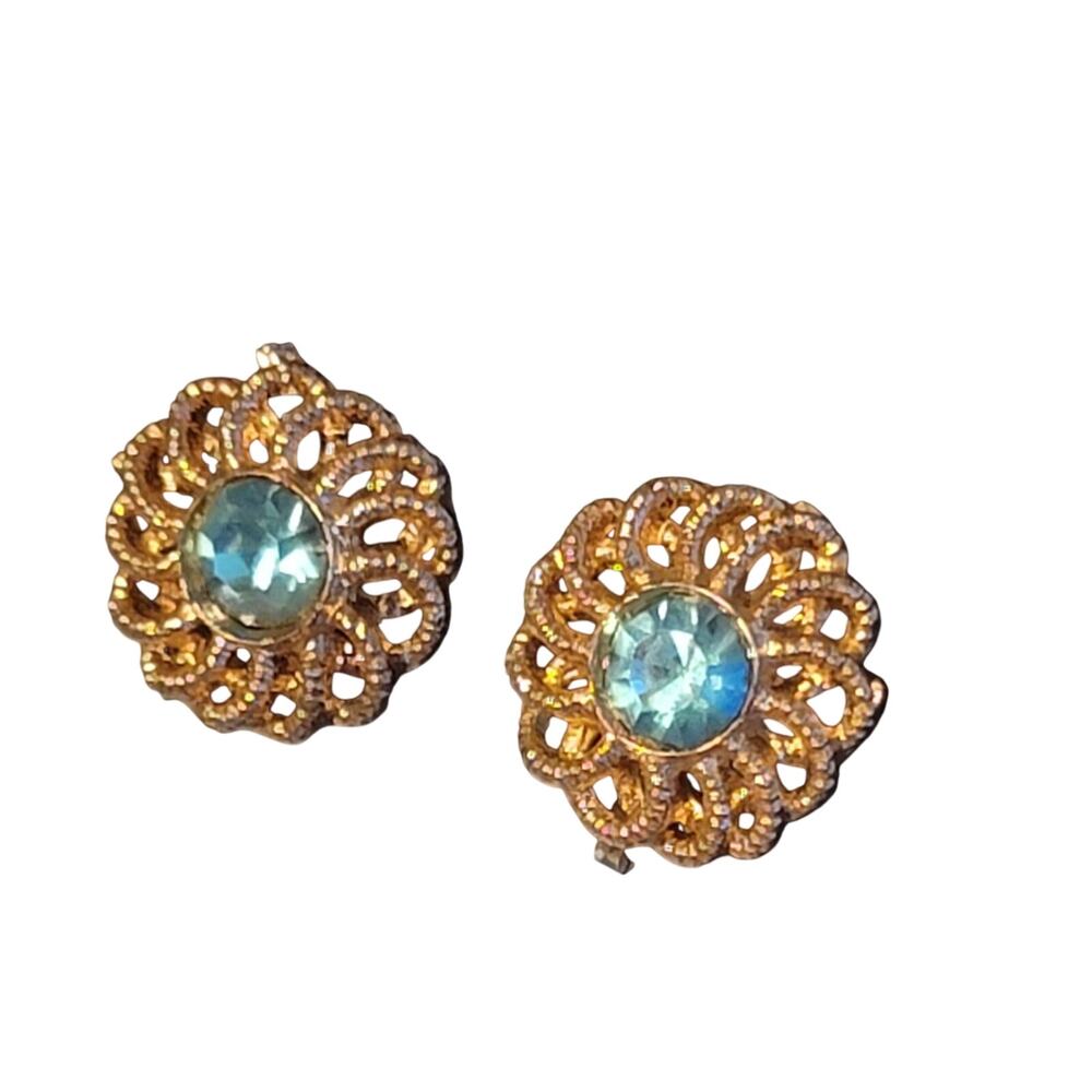 Vintage Blue Rhinestone Filigree Earrings Gold Tone Screwback Signed Nemo 1/2"